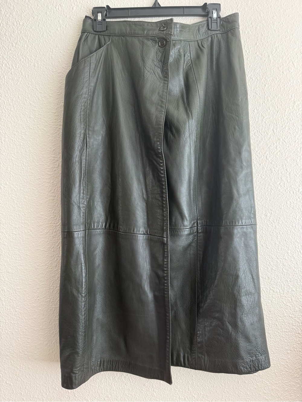 Dark Green Leather Pencil Midi Skirt